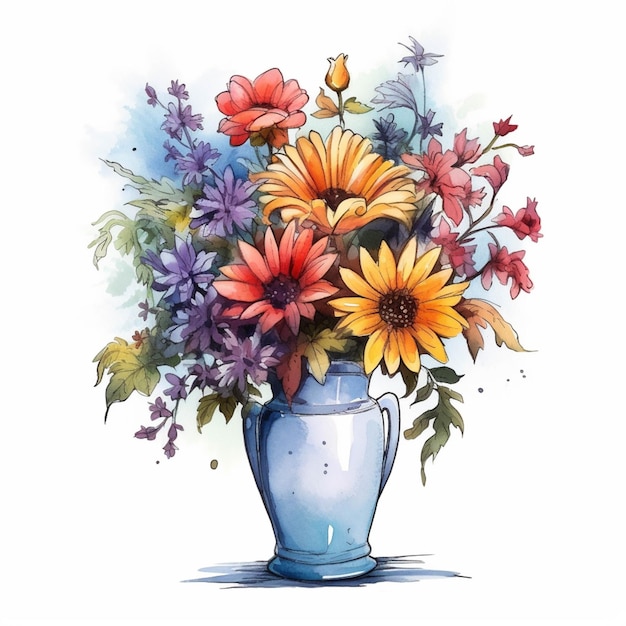 Il y a un vase bleu avec un bouquet de fleurs en ai générative