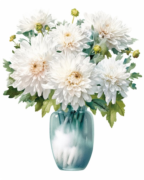 Il y a un vase bleu avec des fleurs blanches en ai générative