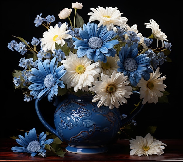 Il y a un vase bleu avec des fleurs blanches et bleues en ai générative