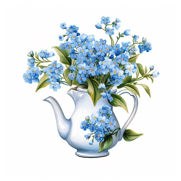 Il y a un vase bleu avec des fleurs bleues dedans.