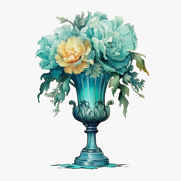 Il y a un vase bleu avec des fleurs sur un fond blanc.