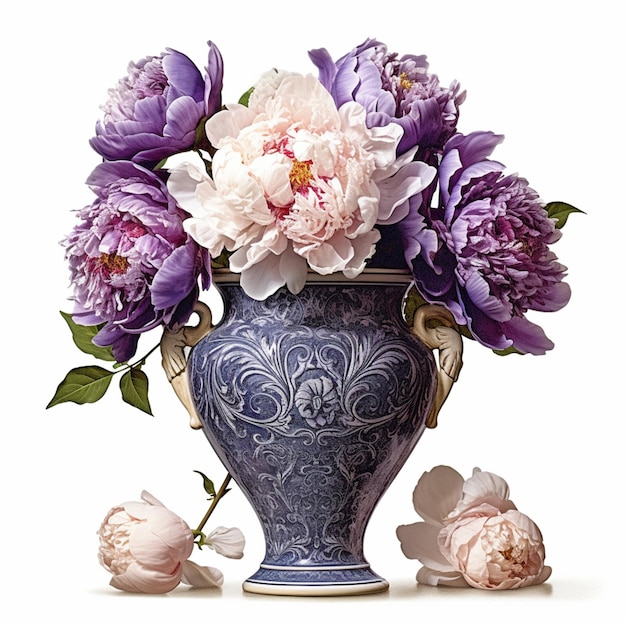 Il y a un vase bleu avec des fleurs violettes et blanches.