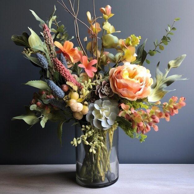 il y a un vase avec un bouquet de fleurs dedans ai générative