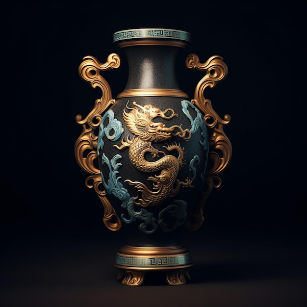 Il y a un vase avec un dragon sur un fond noir.