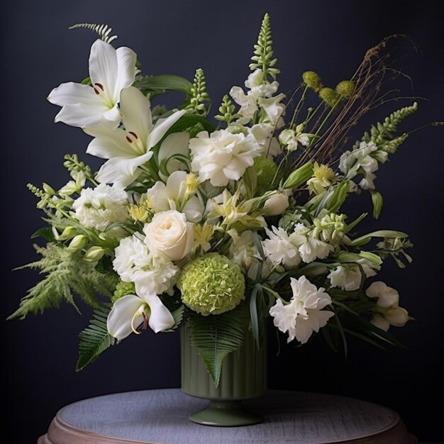 il y a un vase de fleurs assis sur une table ai générative