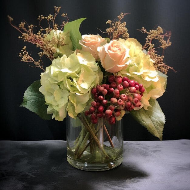 il y a un vase avec des fleurs et des baies dedans sur une table ai générative