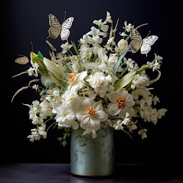 il y a un vase avec des fleurs blanches et des papillons dedans ai génératif
