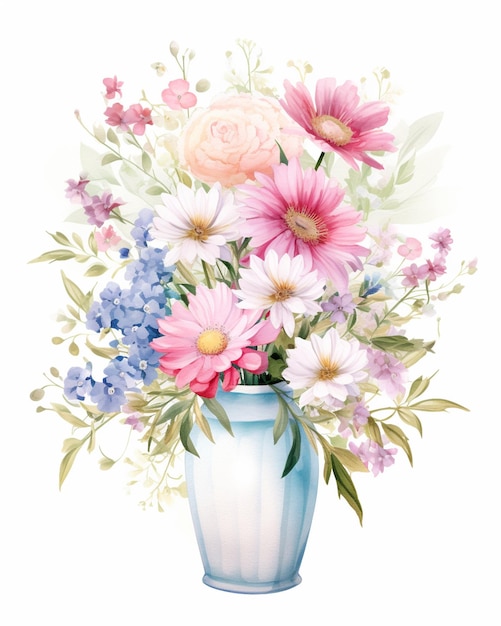 il y a un vase avec des fleurs dedans sur un fond blanc ai génératif