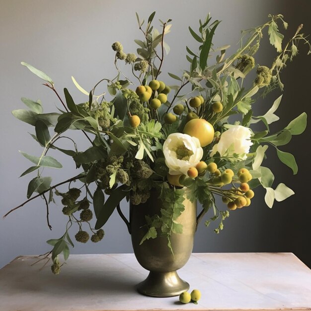 il y a un vase avec des fleurs et des fruits sur une table ai générative