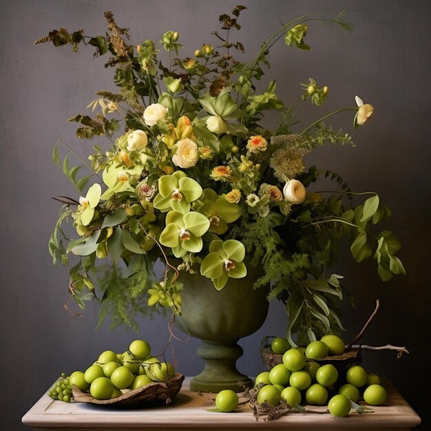 Il y a un vase avec des fleurs et des fruits sur une table générative ai