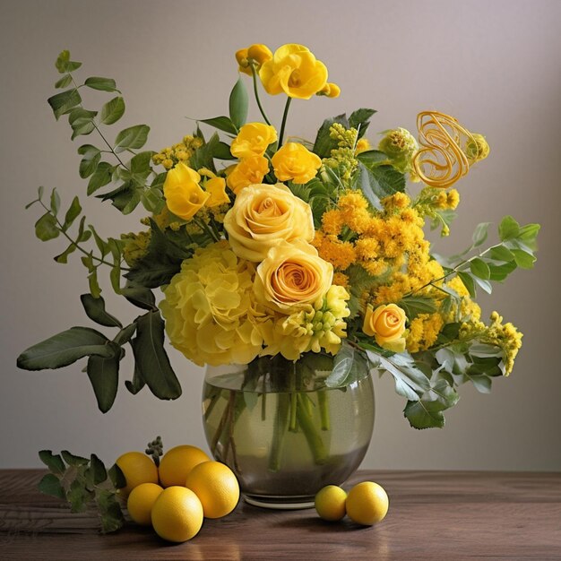 il y a un vase de fleurs jaunes et de citrons sur une table ai générative