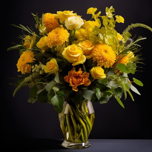 il y a un vase de fleurs jaunes sur une table ai générative