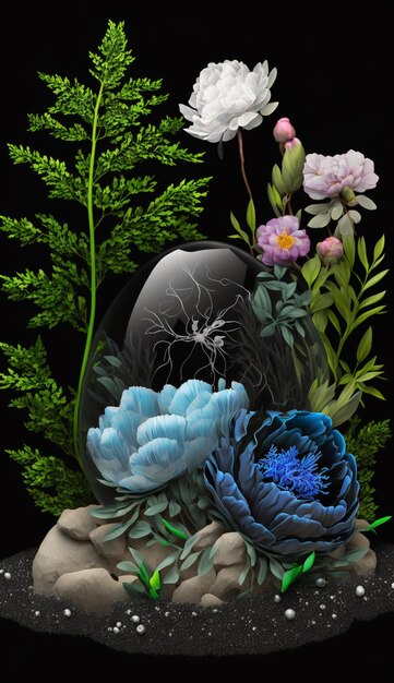 Photo il y a un vase avec des fleurs et des plantes dedans sur une roche générative ai