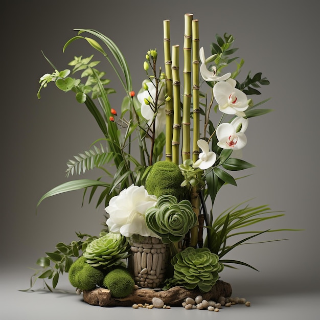 Il y a un vase avec des fleurs et des plantes dedans sur une table générative ai