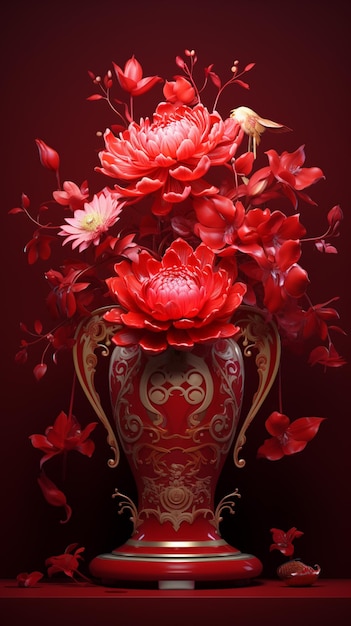 Il y a un vase avec des fleurs rouges et des oiseaux en ai générative