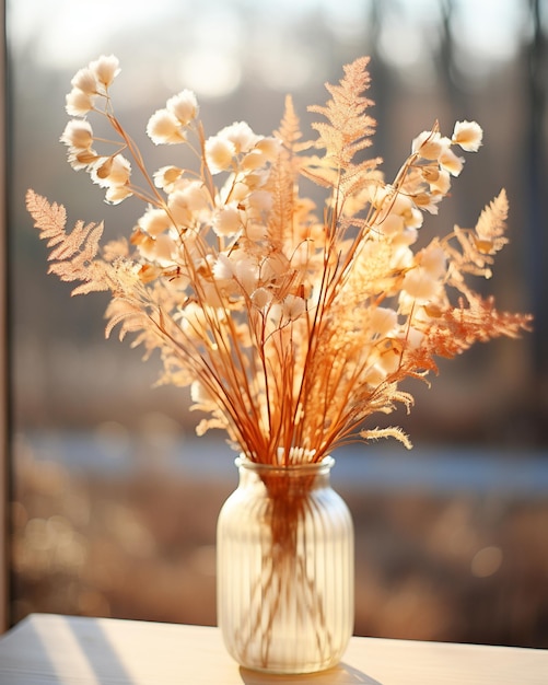 Il y a un vase avec des fleurs sur une table.