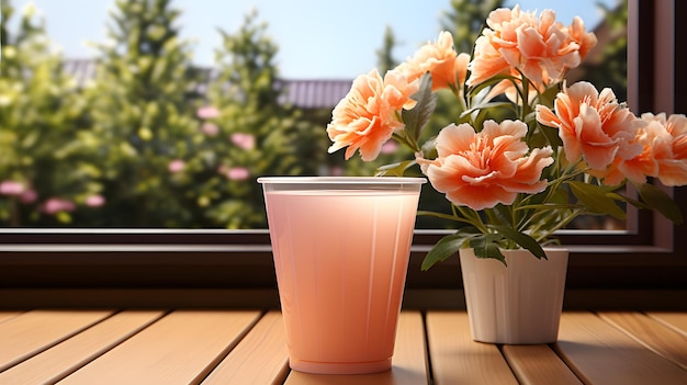 Il y a un vase de fleurs et une tasse de jus sur une table.