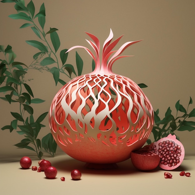 Il y a un vase rouge avec un dessin découpé dessus.