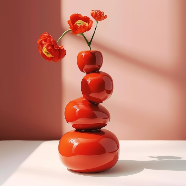 Il y a un vase rouge avec trois fleurs rouges en ai générative