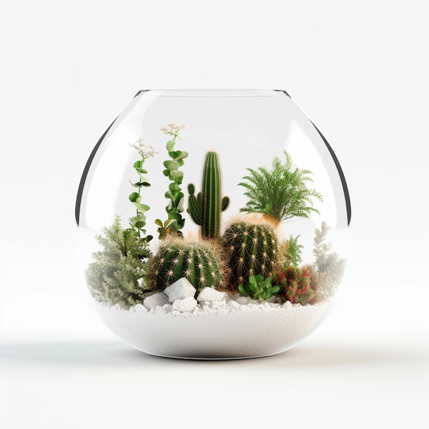 Il y a un vase en verre avec un cactus à l'intérieur de celui-ci générative ai