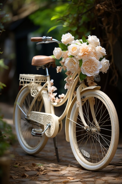 Il y a un vélo blanc avec un panier de fleurs sur le front génératif ai