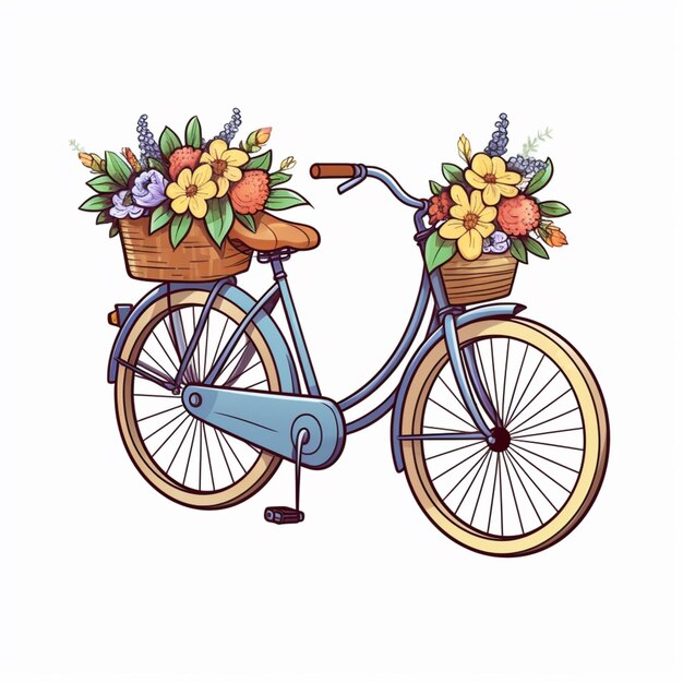 Photo il y a un vélo bleu avec des fleurs dans le panier.