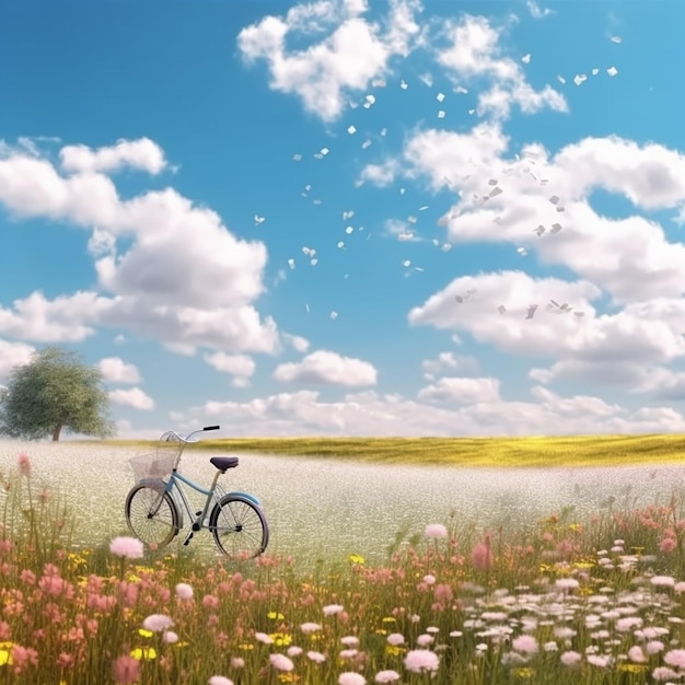 Il y a un vélo qui est garé dans un champ de fleurs générative ai