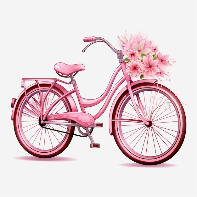 Il y a un vélo rose avec un panier de fleurs sur le dos.