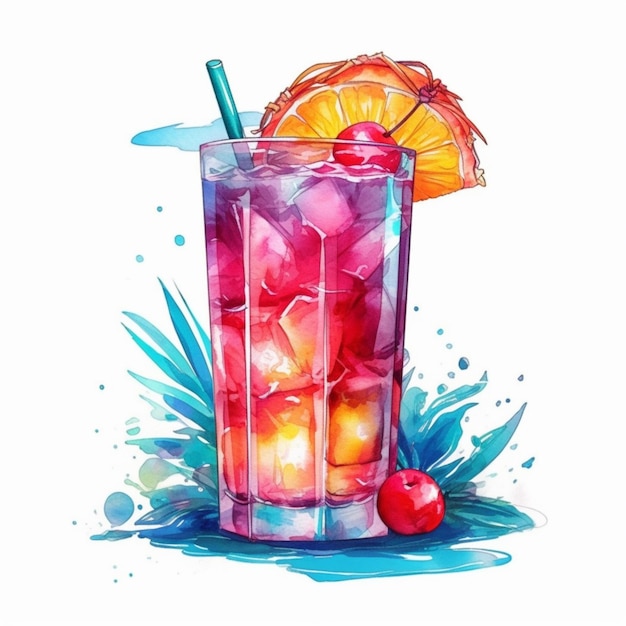 Il y a un verre de cocktail avec de la glace et une tranche de fruit ai générative