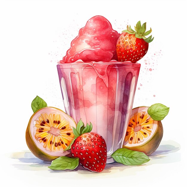 Il y a un verre de crème glacée avec des fraises et du fruit de la passion génératif ai