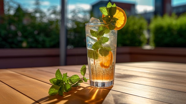 Il y a un verre d'eau avec une tranche d'orange et de menthe générative ai