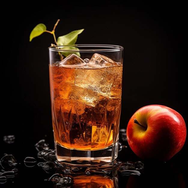 Il y a un verre de glace et une pomme rouge sur la table.