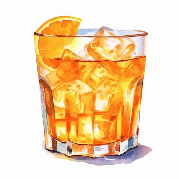 Il y a un verre de jus d'orange avec de la glace et une tranche d'oranger génératif ai