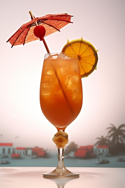 Il y a un verre de jus d'orange avec un parapluie et une cerise générative ai