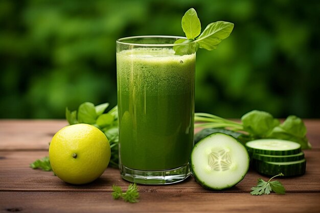 Photo il y a un verre de jus vert à côté d'un citron et de fleurs