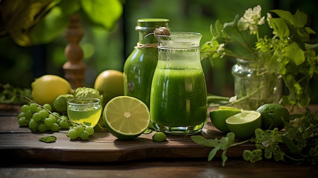 il y a un verre de jus vert et quelques citrons verts sur une table IA générative