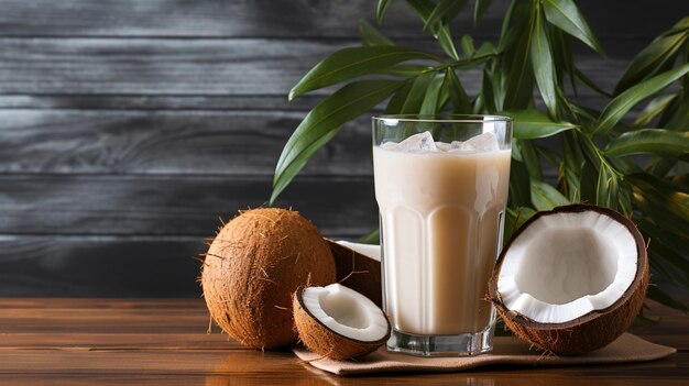 Il y a un verre de lait de coco à côté d'une moitié d'ai génératif de noix de coco