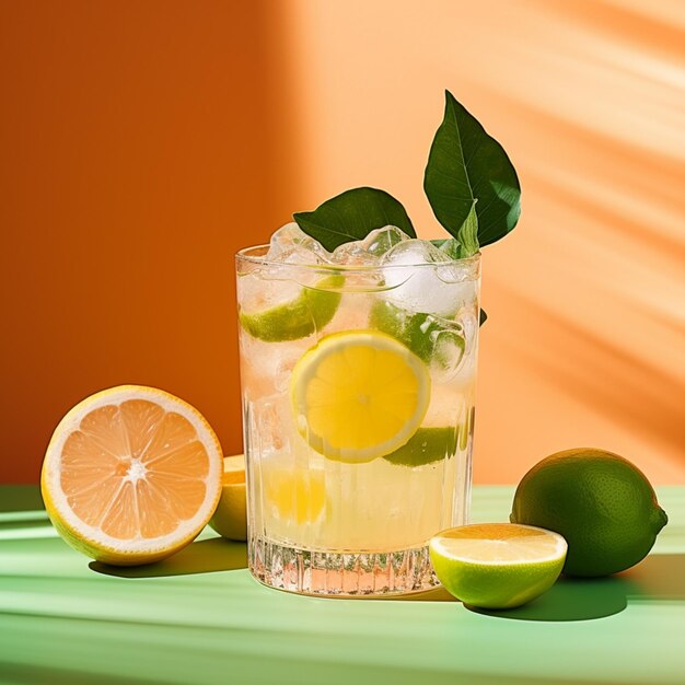 il y a un verre de limonade aux citrons verts et une tranche de citron ai génératif