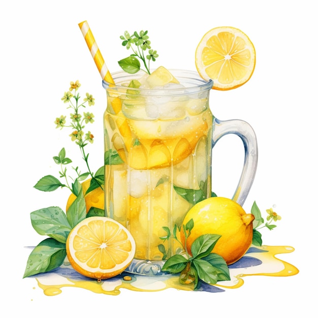 Il y a un verre de limonade avec des citrons et une paille générative ai