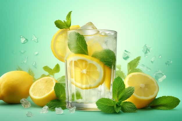 Il y a un verre de limonade avec de la glace et des feuilles de menthe générative ai