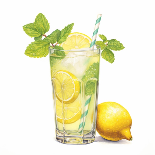 Il y a un verre de limonade avec une paille et des citrons ai génératif