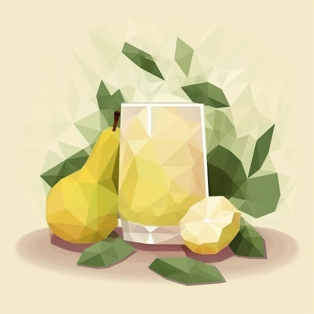 Il y a un verre de limonade avec une poire et des feuilles génératives ai