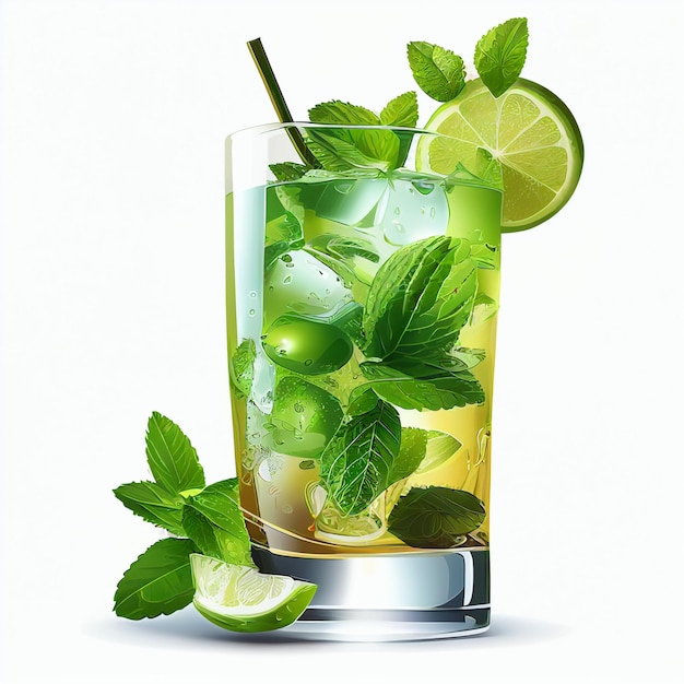 Il y a un verre de mojita avec du citron vert et des feuilles de menthe générative ai