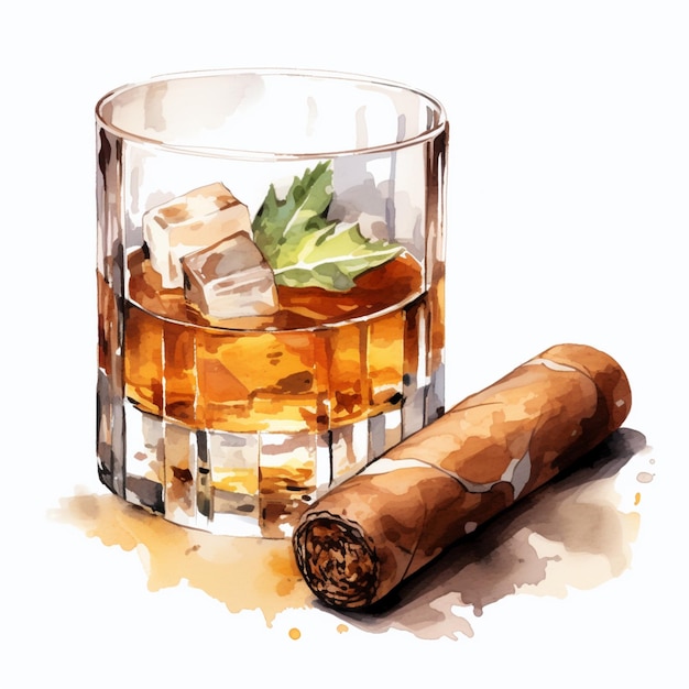 Il y a un verre de whisky et un cigare sur la table.