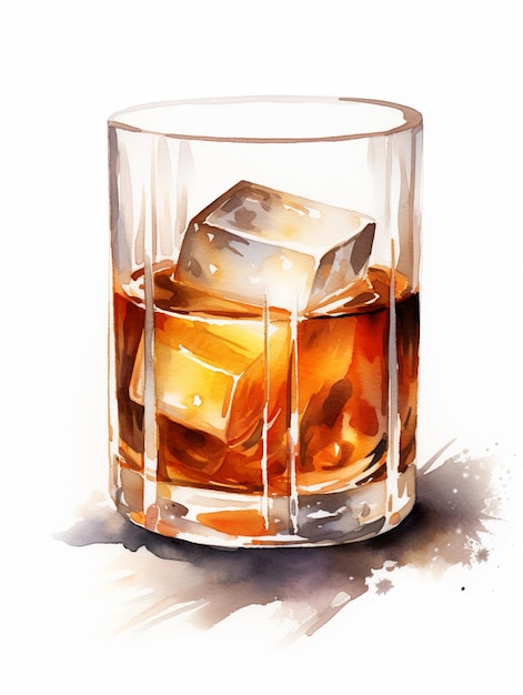 Il y a un verre de whisky avec des glaçons dedans.