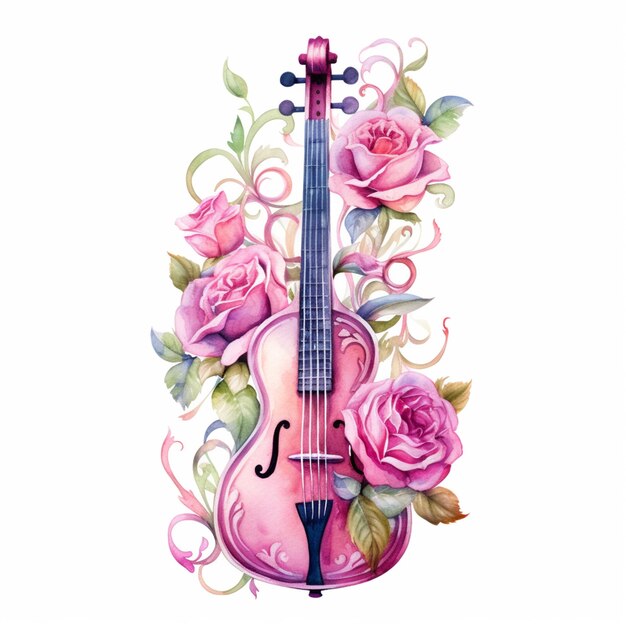 Photo il y a un violon avec des roses et des feuilles dessus.