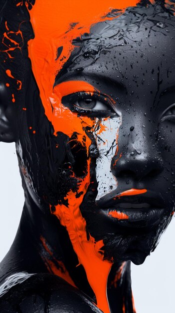 Il y a un visage noir et orange avec une peinture noire et orange dessus.