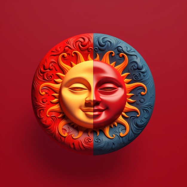 il y a un visage de soleil et de lune sur fond rouge ai générative