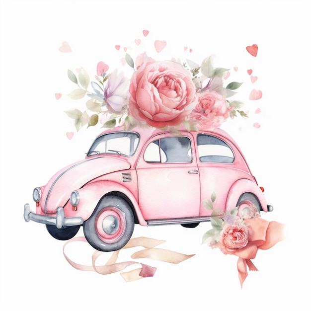 Il y a une voiture rose avec des fleurs dessus ai générative