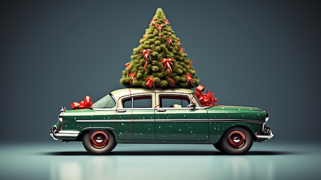il y a une voiture verte avec un sapin de Noël dessus IA générative